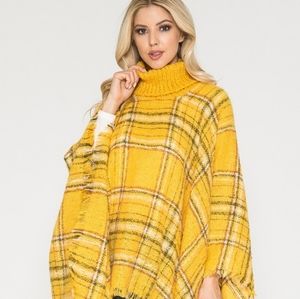 Justin Taylor Yellow Plaid Raw Hem Turtleneck Poncho